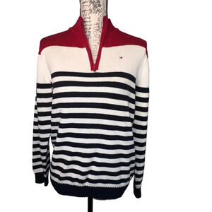 Tommy Hilfiger Sz Lg, half zip striped ribbed knit  nautical holiday Y2K Sweater